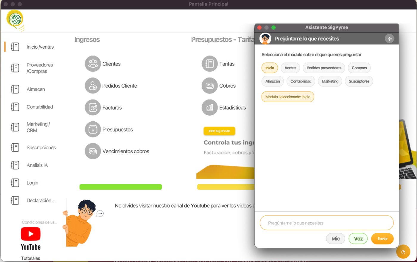 Pantalla principal de SigPyme en macOS con el asistente de inteligencia artificial abierto